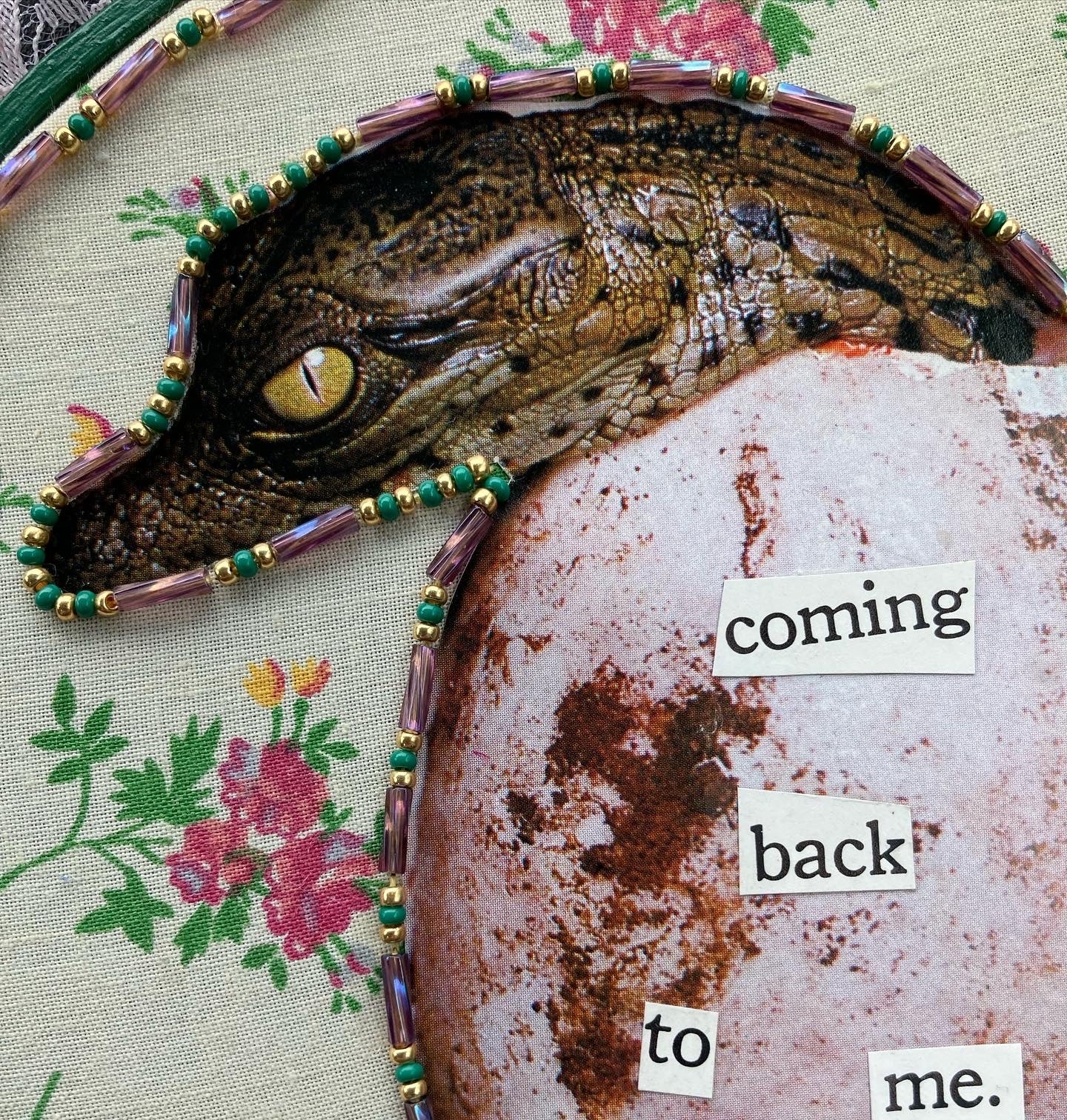 Baby alligator embroidery collage